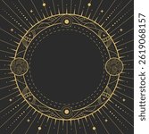 Modern magic witchcraft round astrology frame with galaxy, planets, stars, sun and moon on black background. Line art occult vector illustration