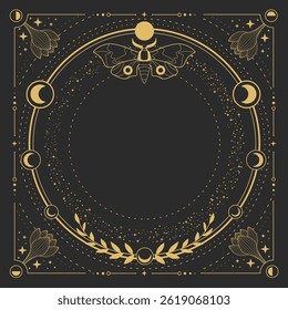 Modern magic witchcraft round astrology frame with moon phases, butterfly, flowers, stars, sun and moon on black background. Line art occult vector illustration