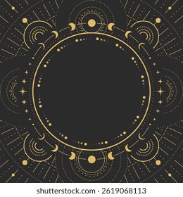 Modern magic witchcraft round astrology frame with galaxy, stars and moon phases on black background. Line art occult vector illustration