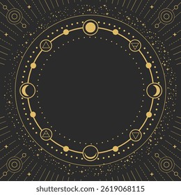 Magia moderna bruxaria rodada astrologia quadro com quatro elementos, estrelas, sol e lua em fundo preto. Ilustração vetorial oculta em arte de linha
