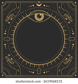 Modern magic witchcraft round astrology frame with all-seeing eye, stars, hands, sun and moon on black background. Line art occult vector illustration