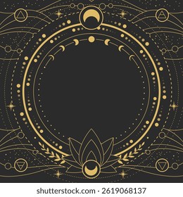 Magia moderna bruxaria rodada astrologia quadro com quatro elementos, lótus, estrelas e fases da lua no fundo preto. Ilustração vetorial oculta em arte de linha