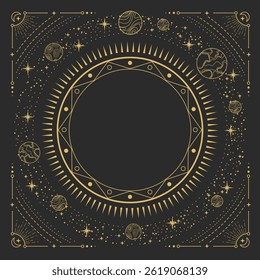 bruxaria mágica moderna em torno do quadro da astrologia com galáxia, estrelas, planetas, sol e lua no fundo preto. Ilustração vetorial oculta em arte de linha