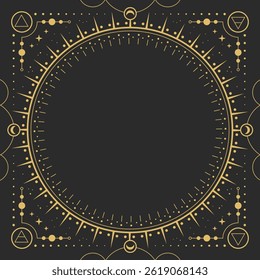 Magia moderna bruxaria rodada astrologia quadro com quatro elementos, estrelas, sol e lua em fundo preto. Ilustração vetorial oculta em arte de linha