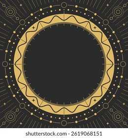 Modern magic witchcraft round astrology frame with galaxy and stars on black background. Line art occult vector illustration