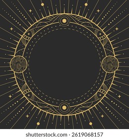 Modern magic witchcraft round astrology frame with galaxy, planets, stars, sun and moon on black background. Line art occult vector illustration