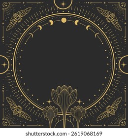bruxaria mágica moderna em torno do quadro da astrologia com fases da lua, borboleta, flores, estrelas, sol e lua no fundo preto. Ilustração vetorial oculta em arte de linha