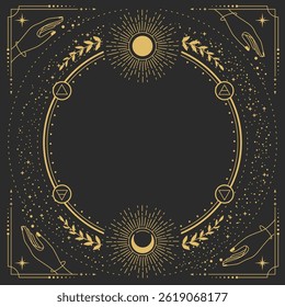 Magia moderna bruxaria rodada astrologia quadro com Quatro Elementos, estrelas, mãos, sol e lua em fundo preto. Ilustração vetorial oculta em arte de linha