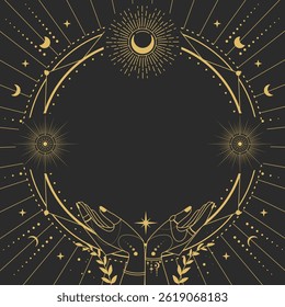 Modern magic witchcraft round astrology frame with Four Elements, stars, hands, sun and moon on black background. Line art occult vector illustration