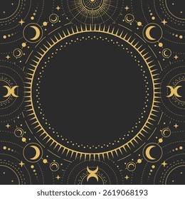 Modern magic witchcraft round astrology frame with galaxy, stars, sun and moon on black background. Line art occult vector illustration