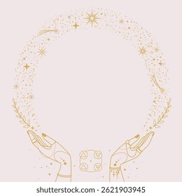 Magia moderna bruxaria rodada astrologia quadro com Quatro Elementos, estrelas, mãos, cometas em fundo branco. Ilustração vetorial oculta em arte de linha