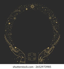 Modern magic witchcraft round astrology frame with Four Elements, stars, hands, comets on black background. Line art occult vector illustration