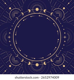 Magia moderna bruxaria em torno do quadro de astrologia com galáxia, estrelas e fases da lua sobre fundo azul. Ilustração vetorial oculta em arte de linha