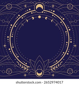 Modern magic witchcraft round astrology frame with Four elements, lotus, stars and moon phases on blue background. Line art occult vector illustration