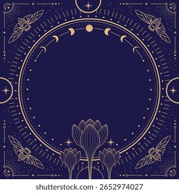 bruxaria mágica moderna em torno do quadro da astrologia com fases da lua, borboleta, flores, estrelas, sol e lua no fundo azul. Ilustração vetorial oculta em arte de linha