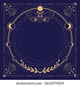 Modern magic witchcraft round astrology frame with moon phases, butterfly, flowers, stars, sun and moon on blue background. Line art occult vector illustration