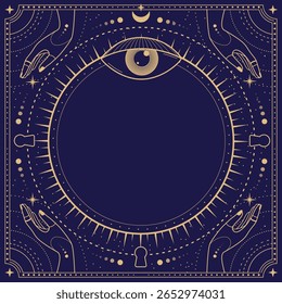 Magia moderna bruxaria em torno do quadro astrologia com olho, estrelas, mãos, sol e lua em fundo azul. Ilustração vetorial oculta em arte de linha