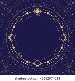 Modern magic witchcraft round astrology frame with Four elements, stars, sun and moon on blue background. Line art occult vector illustration
