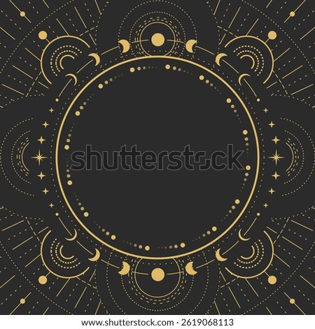 Modern magic witchcraft round astrology frame with galaxy, stars and moon phases on black background. Line art occult vector illustration
