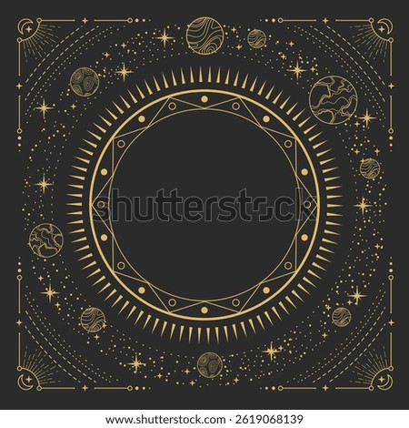 Modern magic witchcraft round astrology frame with galaxy, stars, planets, sun and moon on black background. Line art occult vector illustration