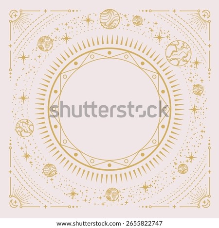 Modern magic witchcraft round astrology frame with galaxy, stars, planets, sun and moon isolated on white background. Line art occult vector illustration