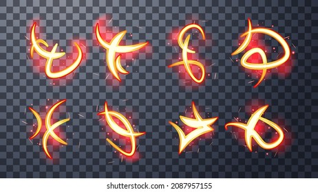 Modern magic witchcraft symbols. Ethereal fire runes with sparks and strange forms. Decor elements for magic doctor, shaman, medium. Luminous trail effect on transparent background. svg