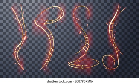 Modern magic witchcraft symbols. Ethereal fire line, threads and lasso with strange flame sparks. Decor elements for magic doctor, shaman, medium. Luminous trail effect on transparent background. svg