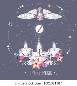 Modern magic witchcraft taros card with butterfly and burning candles on astrology background. Vector illustration