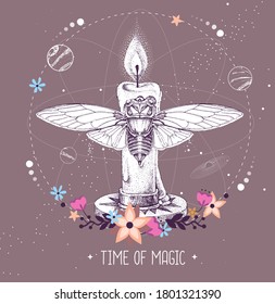 Modern magic witchcraft taros card with butterfly and burning candle on astrology background. Vector illustration