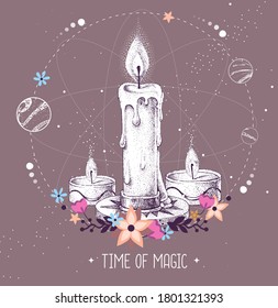 Modern Magic Witchcraft Taros Card With Burning Candle On Astrology Background. Vector Illustration