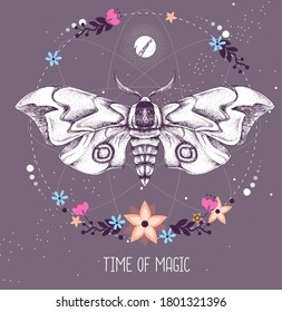 Modern magic witchcraft taros card with butterfly on astrology background. Vector illustration