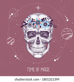 Modern magic witchcraft taros card with human skull on astrology background. Vector illustration