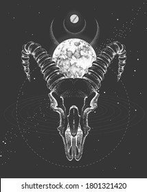 Modern magic witchcraft taros card with animal skull  and full moon on outer space background. Vector illustration