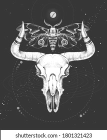 Modern magic witchcraft taros card with animal skull  and butterfly on outer space background. Vector illustration