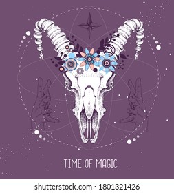 Modern magic witchcraft taros card with animal skull on astrology background. Vector illustration