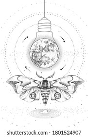 Modern magic witchcraft taros card with butterfly and full moon like light bulb on outer space background. Vector illustration