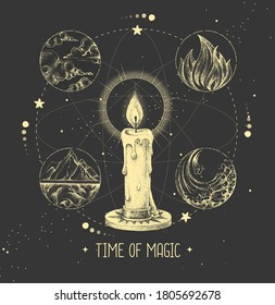 Modern magic witchcraft taros card with four elements and burning candle on astrology background. Vector illustration