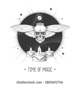 Modern magic witchcraft taros card with butterfly and burning candles on astrology background. Vector illustration
