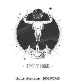 Modern magic witchcraft taros card with animal skull on astrology background. Vector illustration