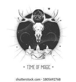 Modern magic witchcraft taros card with animal skull on astrology background. Vector illustration