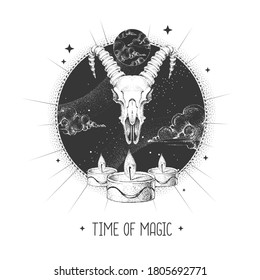 Modern magic witchcraft taros card with animal skull on astrology background. Vector illustration