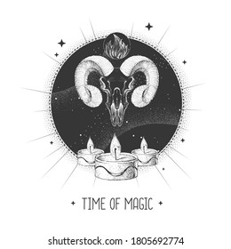 Modern magic witchcraft taros card with animal skull on astrology background. Vector illustration