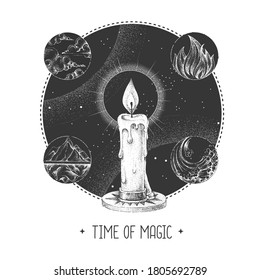 Modern Magic Witchcraft Taros Card With Four Elements And Burning Candle On Astrology Background. Vector Illustration