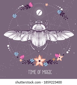 Modern magic witchcraft taros card with scarab beetle on astrology background. Vector illustration