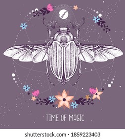 Modern magic witchcraft taros card with june beetle on astrology background. Vector illustration