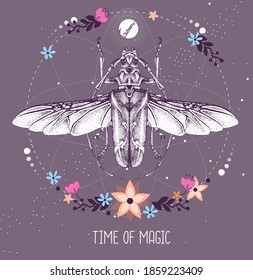 Modern magic witchcraft taros card with longhorn beetle on astrology background. Vector illustration