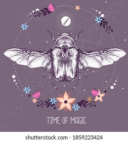 Modern magic witchcraft taros card with Flower chafer beetle on astrology background. Vector illustration
