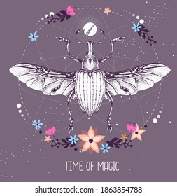 Modern magic witchcraft taros card with Curculionidae beetle on astrology background. Vector illustration