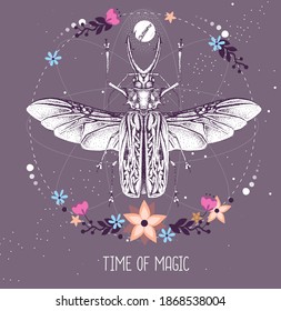 Modern magic witchcraft taros card with Saber tooth Longhorn beetle on astrology background. Vector illustration