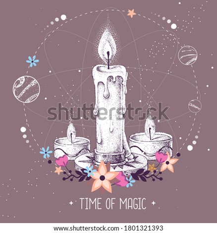 Modern magic witchcraft taros card with burning candle on astrology background. Vector illustration